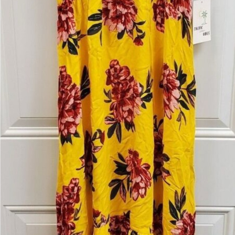 Floral Yellow Pacific Vibes Womens  Sundress High-Low Maxi Dress XL NWT